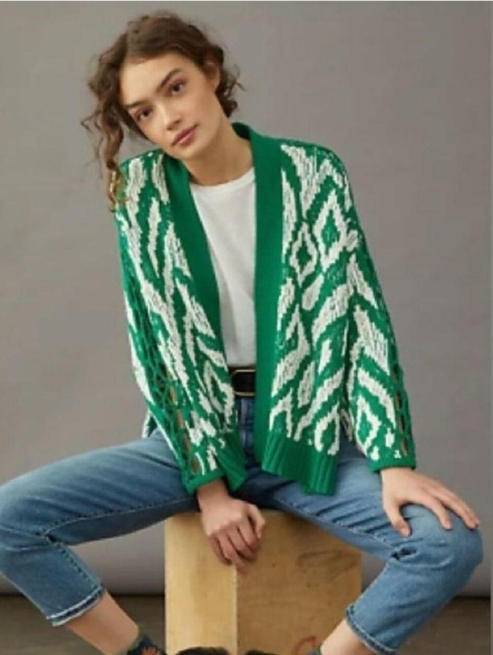 Anthropologie Green and White Open-Front Cardigan Sweater